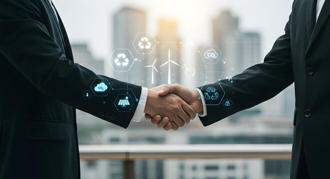 Businessmen shaking hands with renewable energy and sustainability icons overlaid