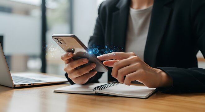 Businesswoman using smartphone with digital network connections and abstract data flow
