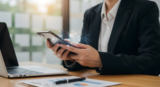Businesswoman using smartphone with digital network overlay at desk with laptop and charts