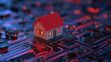 A miniature house sits on a vibrant circuit board, symbolizing the intersection of technology and home.