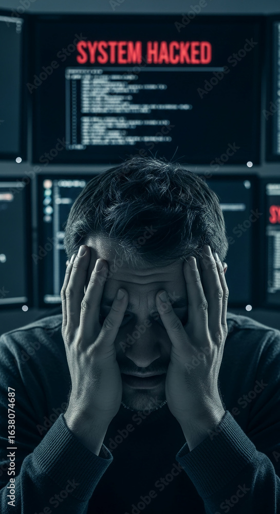 Poster man in dark sweater, hands covering face, sits before multiple computer screens displaying 