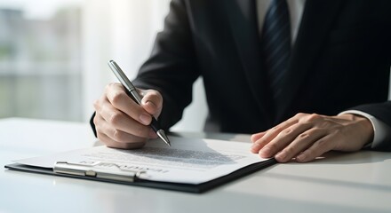 Close-up of a businessman signing a document with a pen