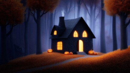 A dark, autumnal forest scene with a glowing haunted house.