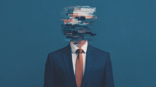 A surreal image of a man in a suit with a fragmented, distorted head, conveying themes of identity and digital transformation.