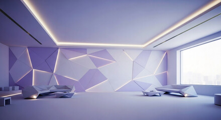 Abstract Lavender and White Gradient Room with Geometric Pattern Wall and Minimal Modern Interior Design Background