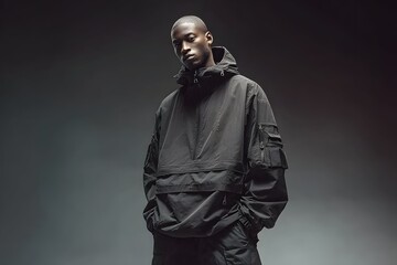Model in studio wears sleek waterproof anorak with pockets and adjustable hood.