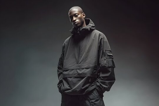 Model in studio wears sleek waterproof anorak with pockets and adjustable hood.