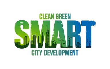 Naklejka premium Clean green smart city development concept with futuristic urban landscape