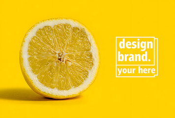 Juicy Lemon Half on Yellow Background with "Design Your Brand Here" Text Overlay