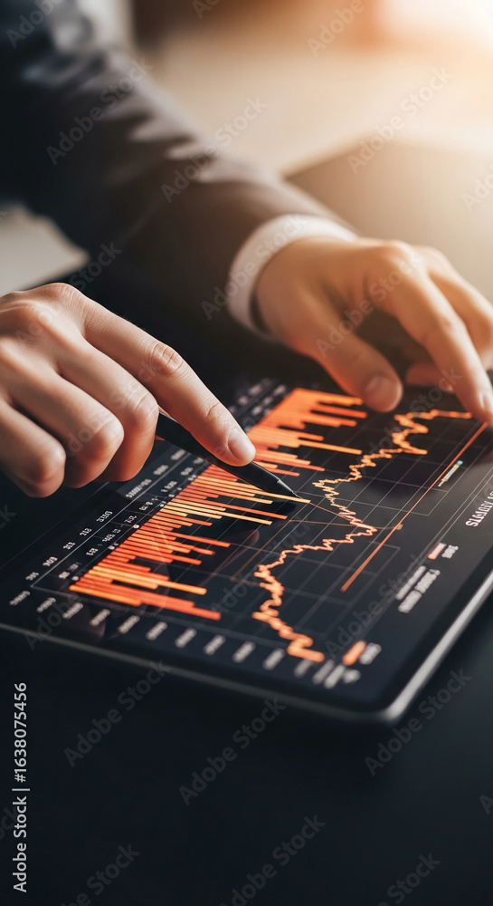 Poster close-up of hands using stylus on tablet displaying financial charts, showcasing data analysis and b