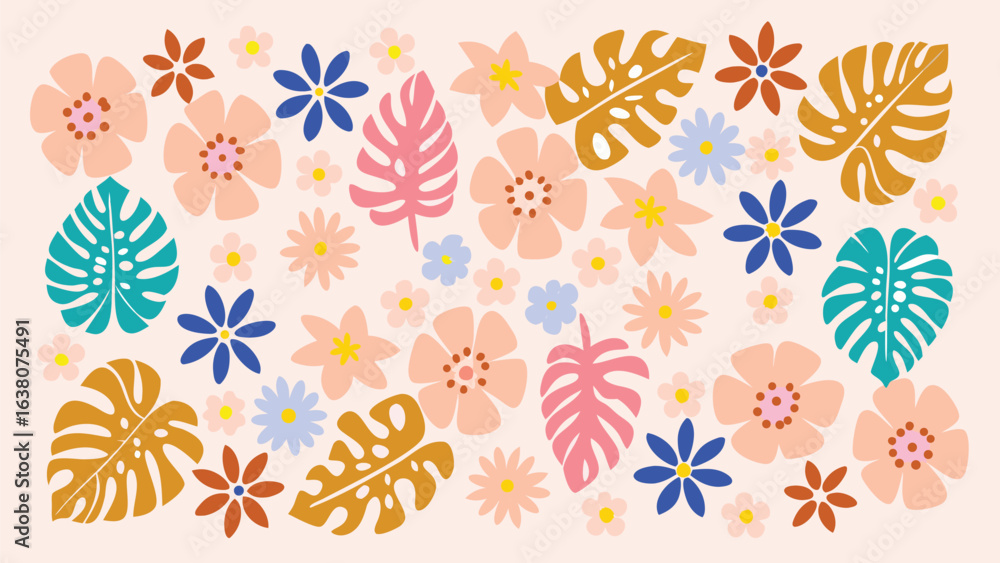 Poster assorted colorful flowers and leaves arranged in a decorative pattern on a light background