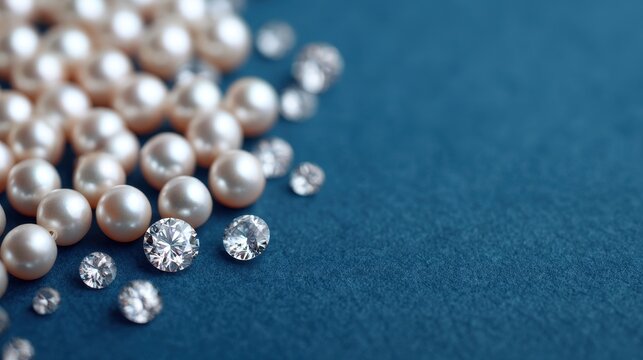 A close-up of lustrous pearls and sparkling diamonds on a textured blue surface, showcasing luxury and elegance.