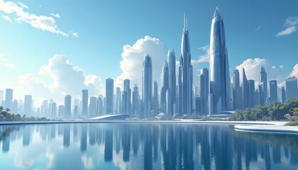 Fototapeta premium Futuristic cityscape with sleek skyscrapers, reflective water under bright blue sky with clouds. Modern architecture, advanced technology, urban development define metropolis. Concept illustration