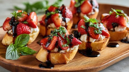 Bruschetta on a wooden platter with strawberries, basil, balsamic glaze, and creamy cheese