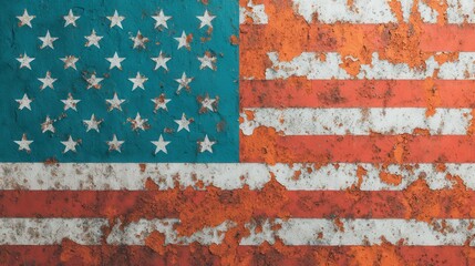 A weathered American flag featuring rust and peeling paint, symbolizing nostalgia and the passage of time.