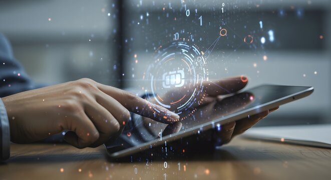 Close-up of a person using a tablet with a futuristic digital interface and binary code overlay