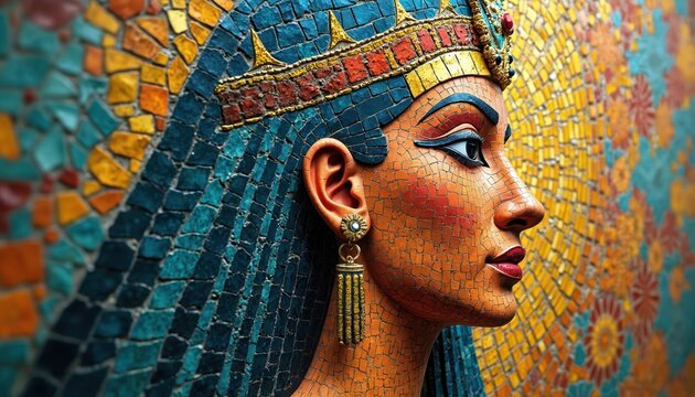 Mosaic portrait features Egyptian queen Nefertiti, profile view. Intricate design shows vibrant colors, gold accents, traditional headdress, ornate earring. Artistry evokes ancient history, Egyptian