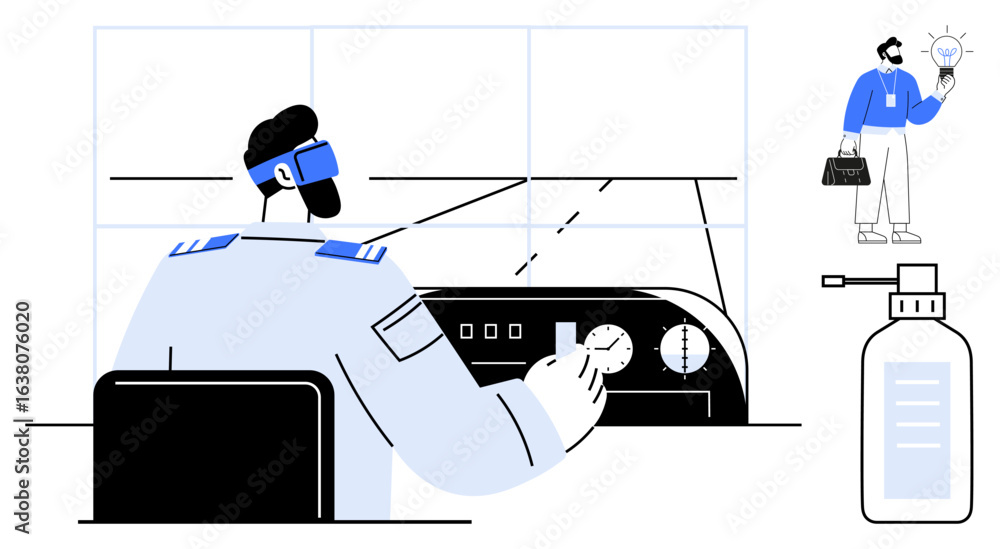 Aufkleber a pilot using cockpit controls with advanced gear, a man visualizing an idea, a soap dispenser. idea