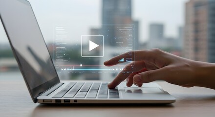 Close-up of a person's hand using a laptop with a futuristic digital interface overlay showing a play button and timeline.
