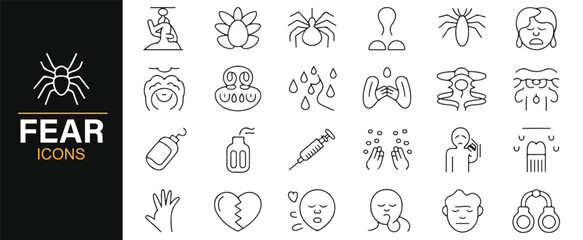 Icon collection representing different types of phobias and the emotional responses to fear.