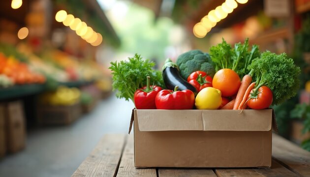Cardboard box full of fresh vegetables, fruits on wooden bench. Contains tomatoes, peppers, broccoli, eggplant, carrots, orange, lemon. Healthy food assortment for balanced diet, organic produce for