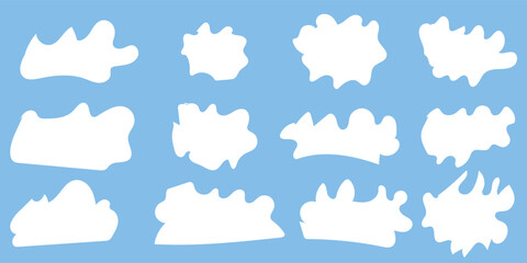 Set of white cloud icons on a blue background. Cloud shapes vary in size and form. Simple cloud design for weather or sky themes. Cloud icons in a grid layout. Weather illustration, vector set.
