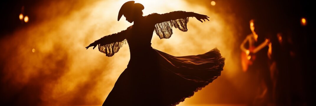 A graceful Hispanic female dancer performs passionately in a dramatic spotlight. - Powered by Adobe