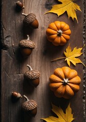 Autumn flatlay with pumpkins, acorns and maple leaves on rustic wood