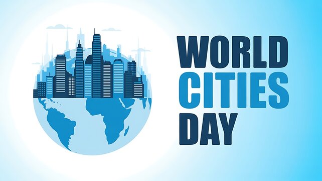 World cities day celebration with globe and cityscape illustration