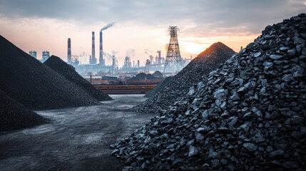 Industrial coal storage yard with factory plant mining energy production power industry raw material photography background