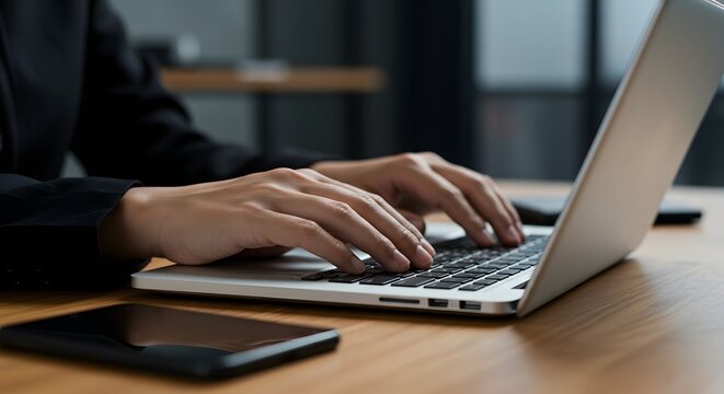 Close-up of hands typing on a laptop keyboard with a smartphone on a wooden desk, representing business and technology. - Powered by Adobe