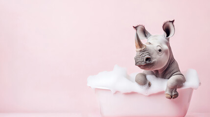 Adorable rhinoceros enjoying a foam bath in a white baby bathtub