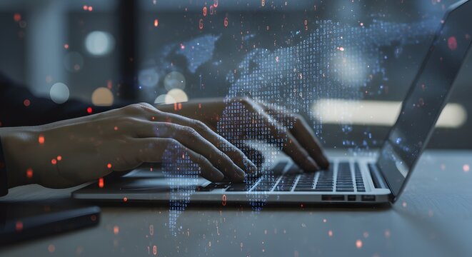 Close-up of hands typing on a laptop with a digital world map overlay and binary code