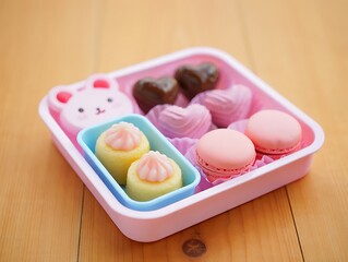Cute Pink Bento Box Filled with Assorted Sweet Treats on Wooden Surface