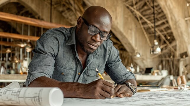 Focused male architect sketching on blueprints in industrial workspace, symbolizing creativity, precision, and modern architectural design
