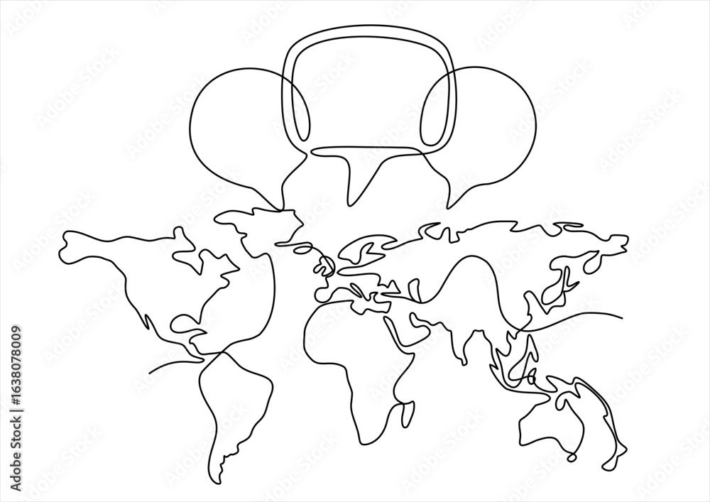 Poster Continuous one line drawing of world map and speech bubbles. Global Communication concept. Hand drawn one line vector. Editable stroke	