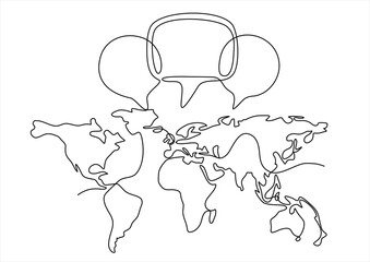 Continuous one line drawing of world map and speech bubbles. Global Communication concept. Hand drawn one line vector. Editable stroke	