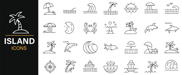 Tropical island and beach symbols ideal for use in travel, vacation, and marine projects.