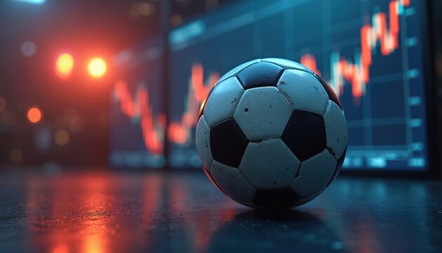 Soccer ball rests before digital graphs showing market trends. Concept of online sports betting, finance, data analysis for gaming strategy. Explores investment, odds, predicting match performance.