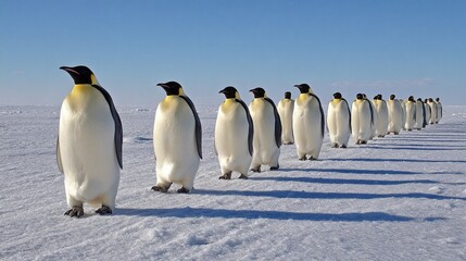 Fototapeta premium A group of emperor penguins walk in a line across the pristine snow of Snow Hill Island. The sunlight creates long shadows as these penguins move gracefully in their natural habitat.