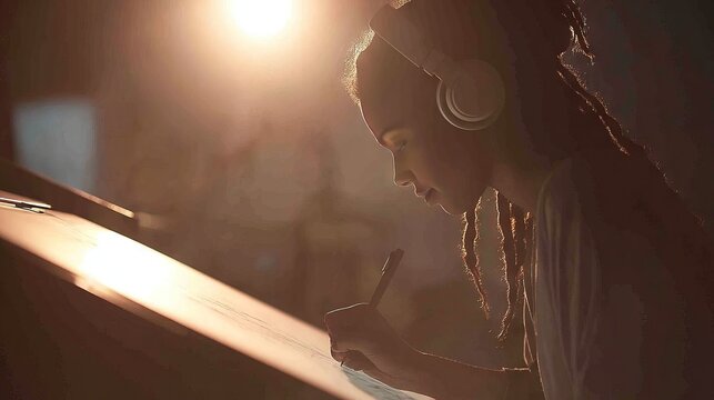 Focused digital artist with headphones sketching on a tablet in warm studio lighting, capturing creativity, concentration, and artistic passion