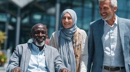 Inclusive group of diverse business professionals outdoors, featuring a man in a wheelchair, fostering equality, teamwork, and corporate diversity values