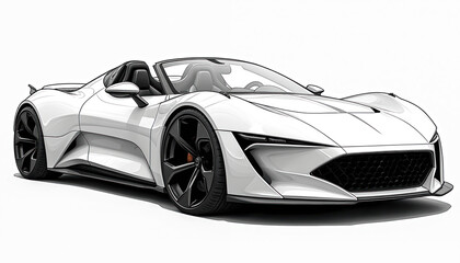 Fototapeta premium Sleek modern white roadster sports car design illustration. Features minimalist lines, aerodynamic curves, large black wheels. Contemporary automotive concept with sporty, elegant, luxurious appeal.