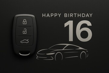 Happy birthday card for 16 years boy featuring black background, car key fob with 
