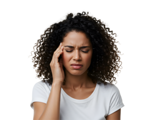 Close-up of a young business woman touching her head, expressing stress, headache, or migraine, perfect for health, workplace stress, medical, or wellness concepts.
