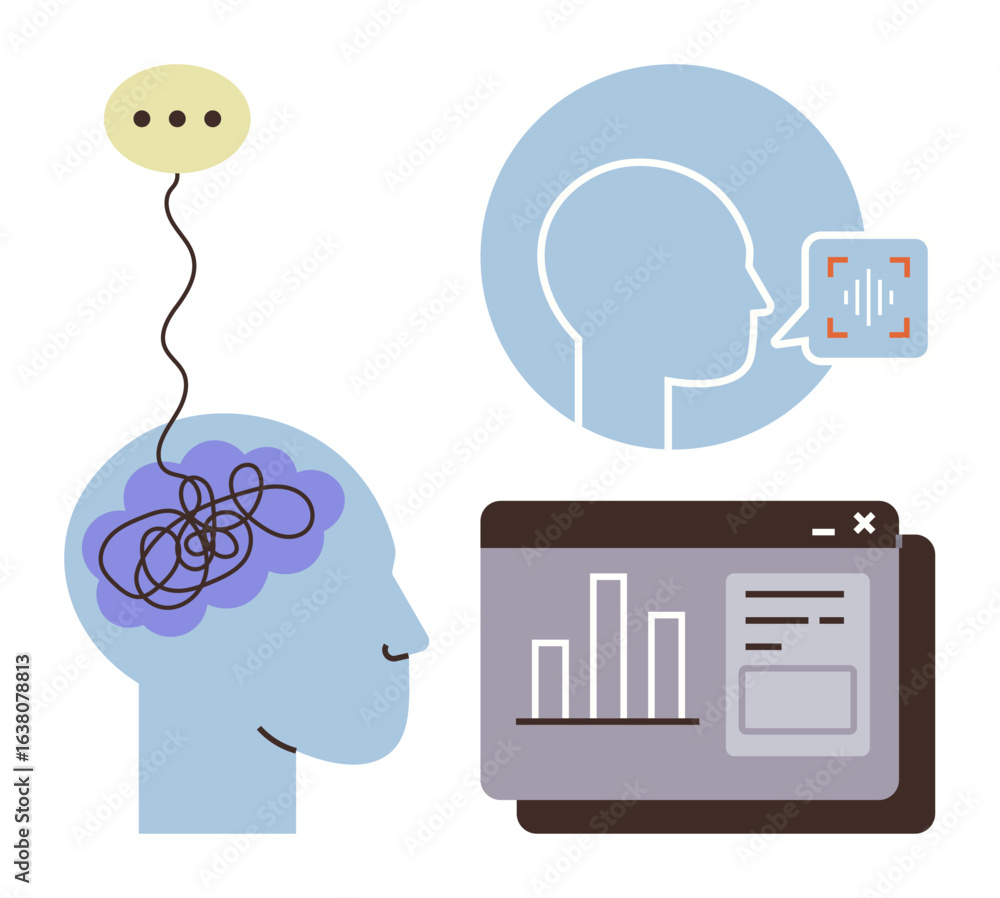 Poster human profile with tangled thoughts, speech-to-text process, and data chart. ideal for communication