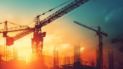 Construction cranes silhouetted against a vibrant sunset.
