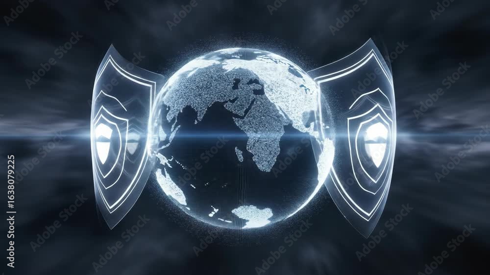 Aufkleber cyber security global data protection concept with shield around digital world globe.