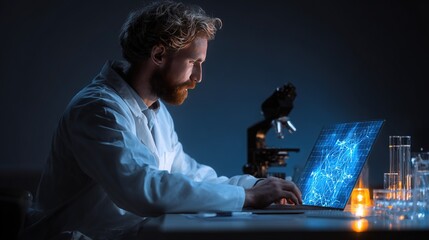 Focused scientist in lab coat working with microscope and digital interface, symbolizing innovation, research, and advanced scientific discovery