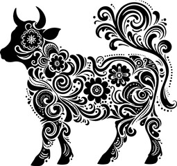 Cattle Solid Black Vector Silhouette in Traditional Mexican Folk Art Style

